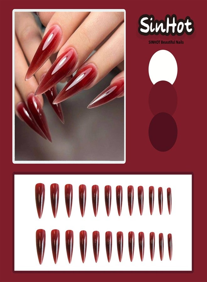SINHOT Stiletto Press on Nails - Long Fake Nails, Glossy Finish, Goth Burgundy & Vampire Style, DIY Artificial False Nail Art - 24 Pcs Nail Kit with Glue - Image 2